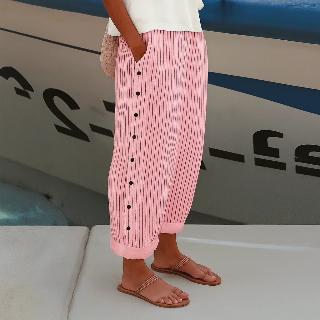 Nuana | Damen Gestreifte Casual Hose Mit Knopfdetails