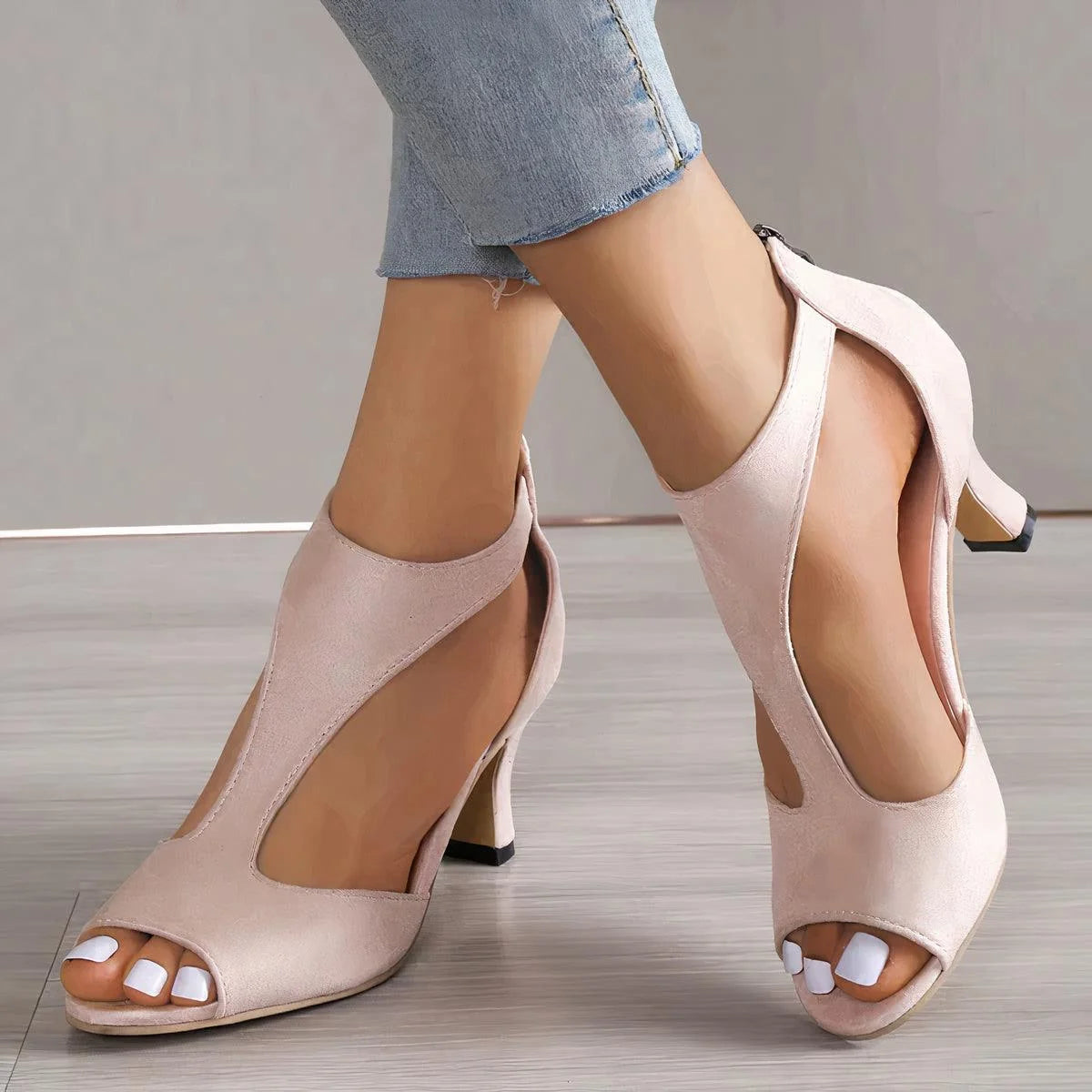 Nuana | Damen High Heels mit offenem Zehenbereich und Reißverschluss hinten