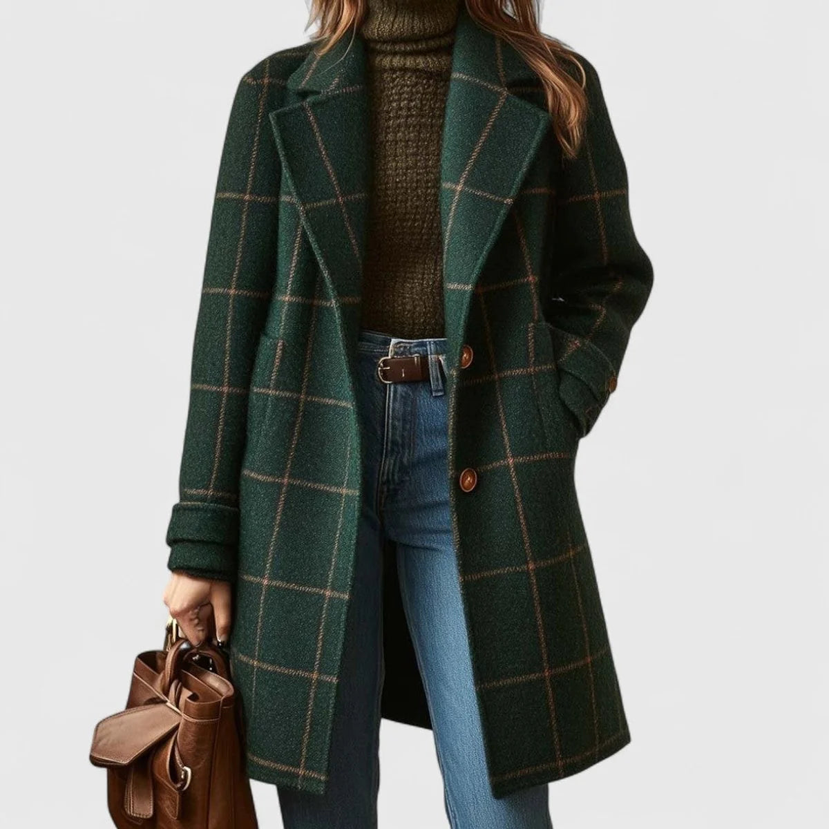Nuana | Damen Karierter Eleganter Coat Klassischer Wollmantel