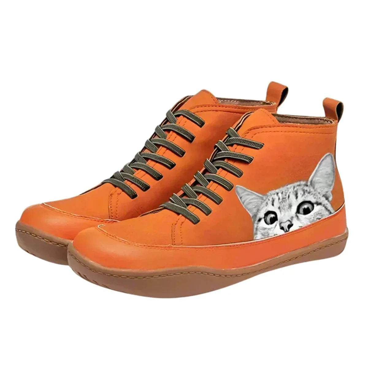 Nuana | Damen Katzenmotiv Schnürsenkel Leder Ankle Boots