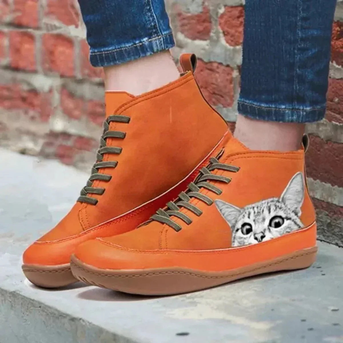Nuana | Damen Katzenmotiv Schnürsenkel Leder Ankle Boots