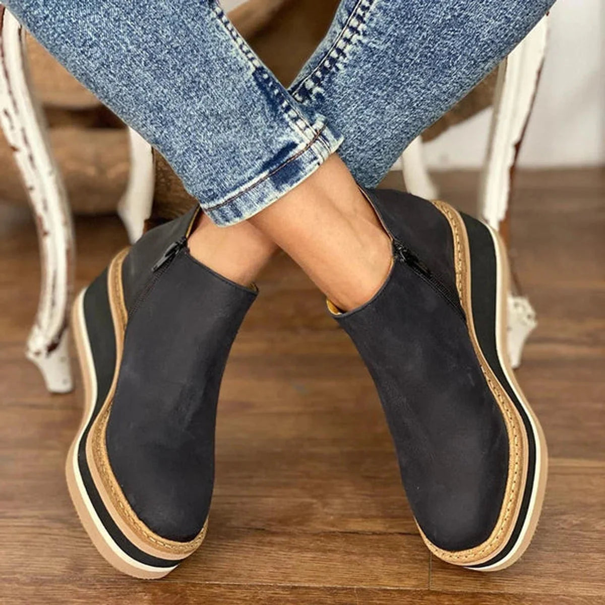 Nuana | Damen Keilabsatz Ankle Boots mit Plateau und Reißverschluss