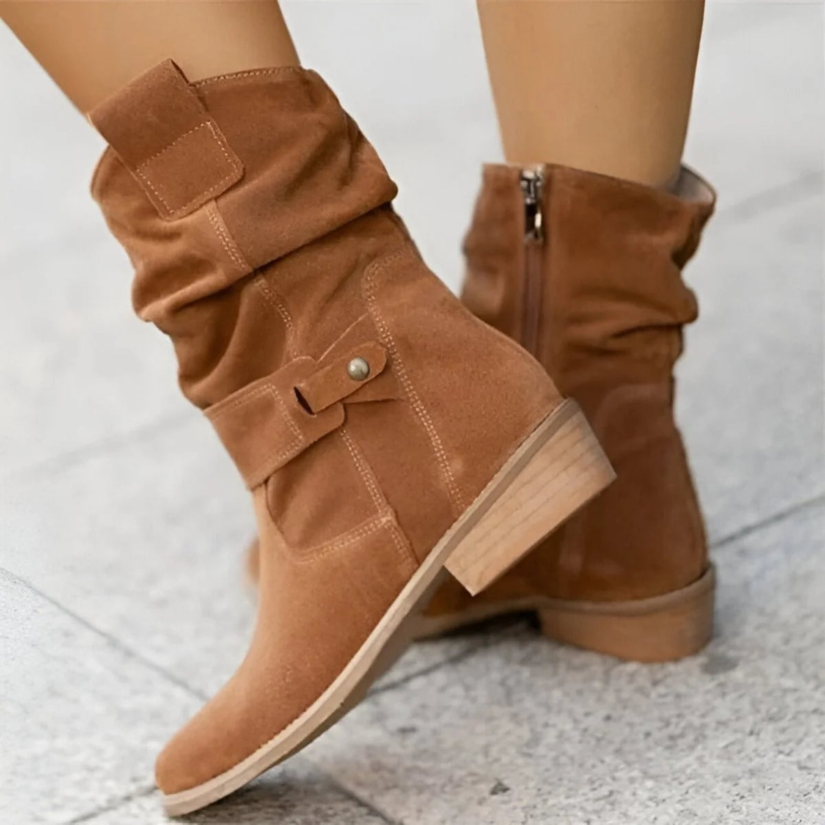 Nuana | Damen Knee High Boots Wildlederimitat Schlupfstiefel mit Blockabsatz