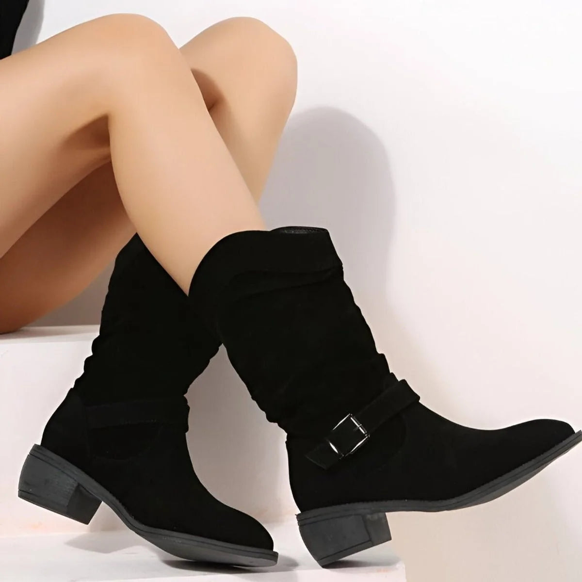Nuana | Damen Knee High Boots Wildlederimitat Schlupfstiefel mit Blockabsatz