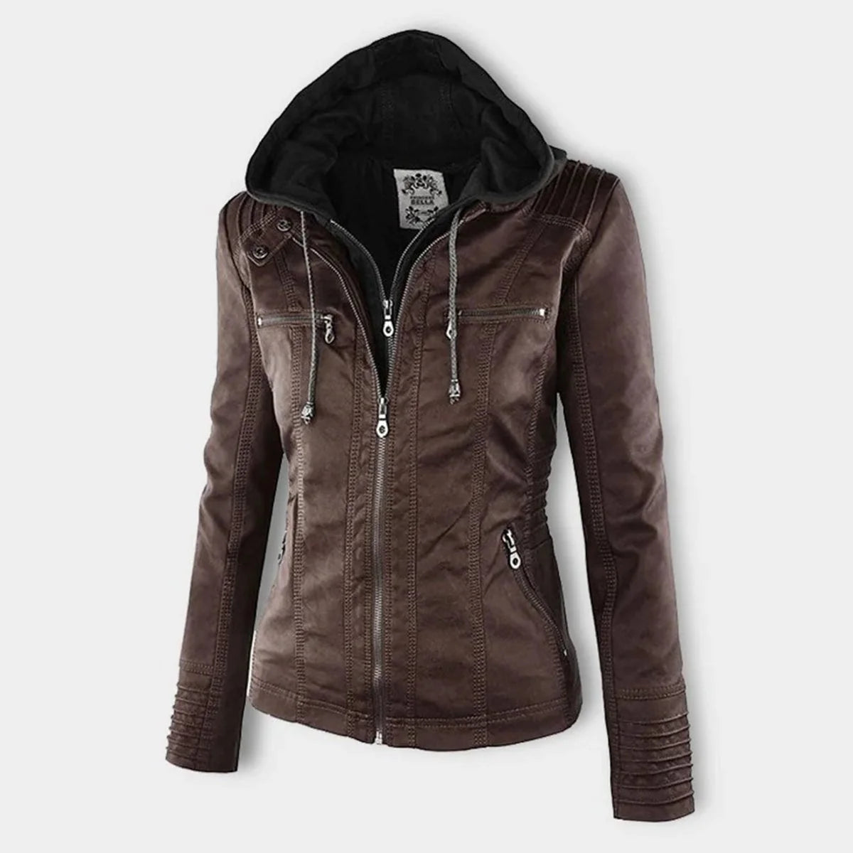 Nuana | Damen Kunstleder Kapuzenjacke mit Reißverschluss Taillierter Women Coat