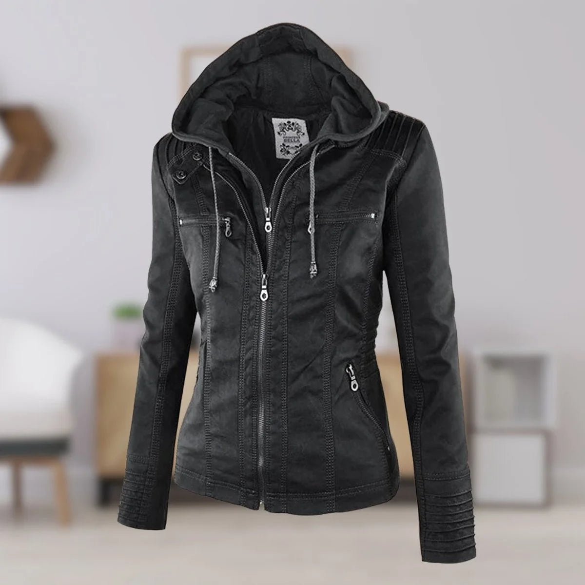 Nuana | Damen Kunstleder Kapuzenjacke mit Reißverschluss Taillierter Women Coat