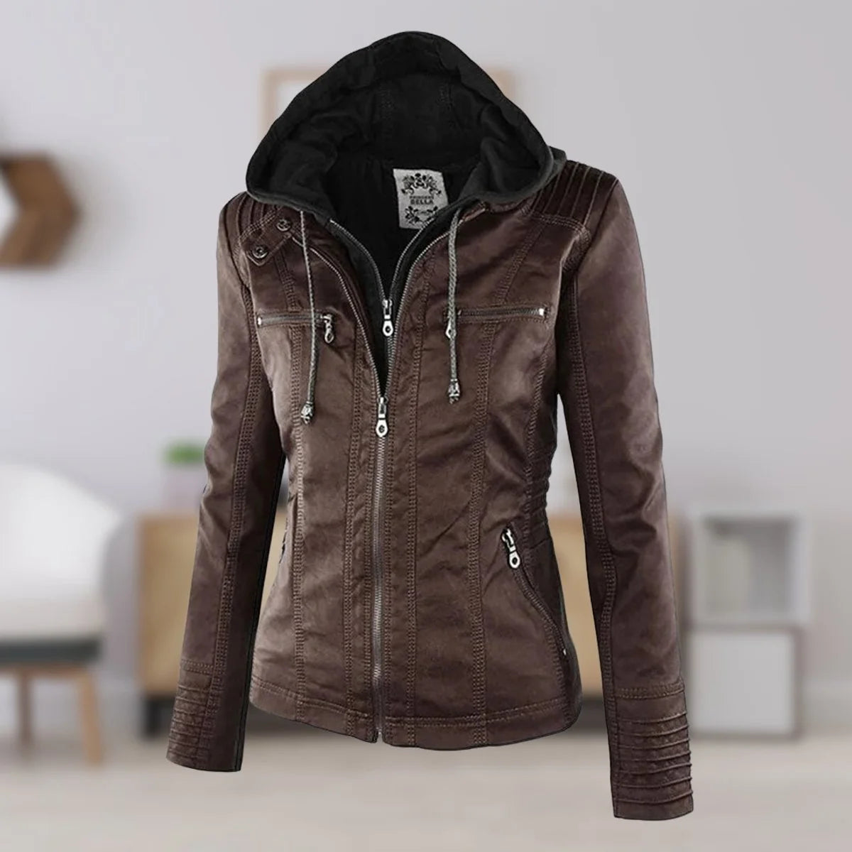 Nuana | Damen Kunstleder Kapuzenjacke mit Reißverschluss Taillierter Women Coat