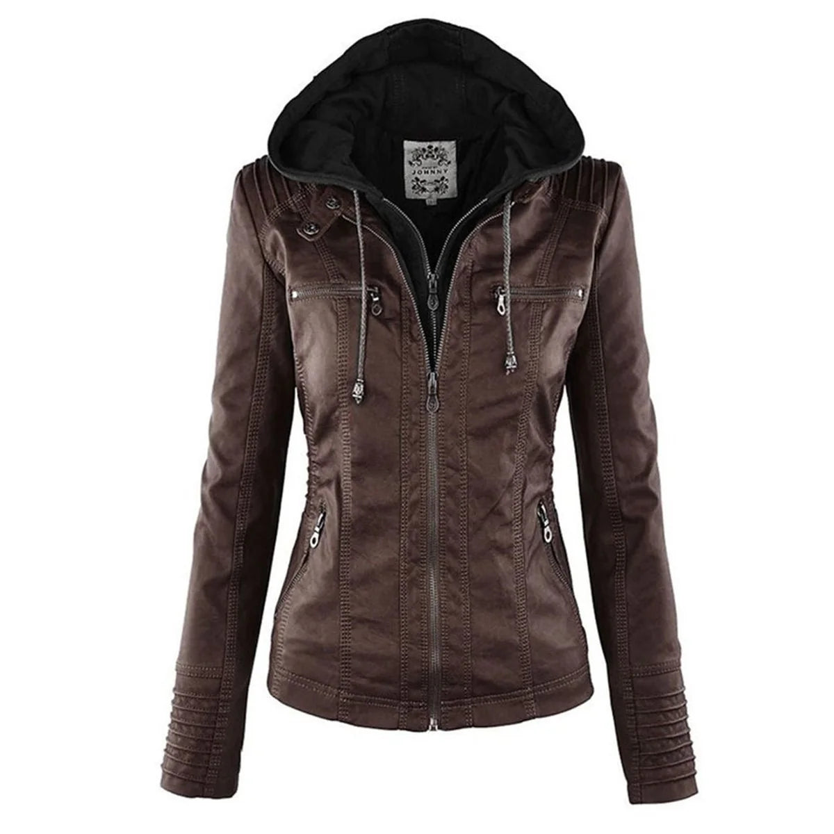 Nuana | Damen Kunstleder Kapuzenjacke mit Reißverschluss Taillierter Women Coat