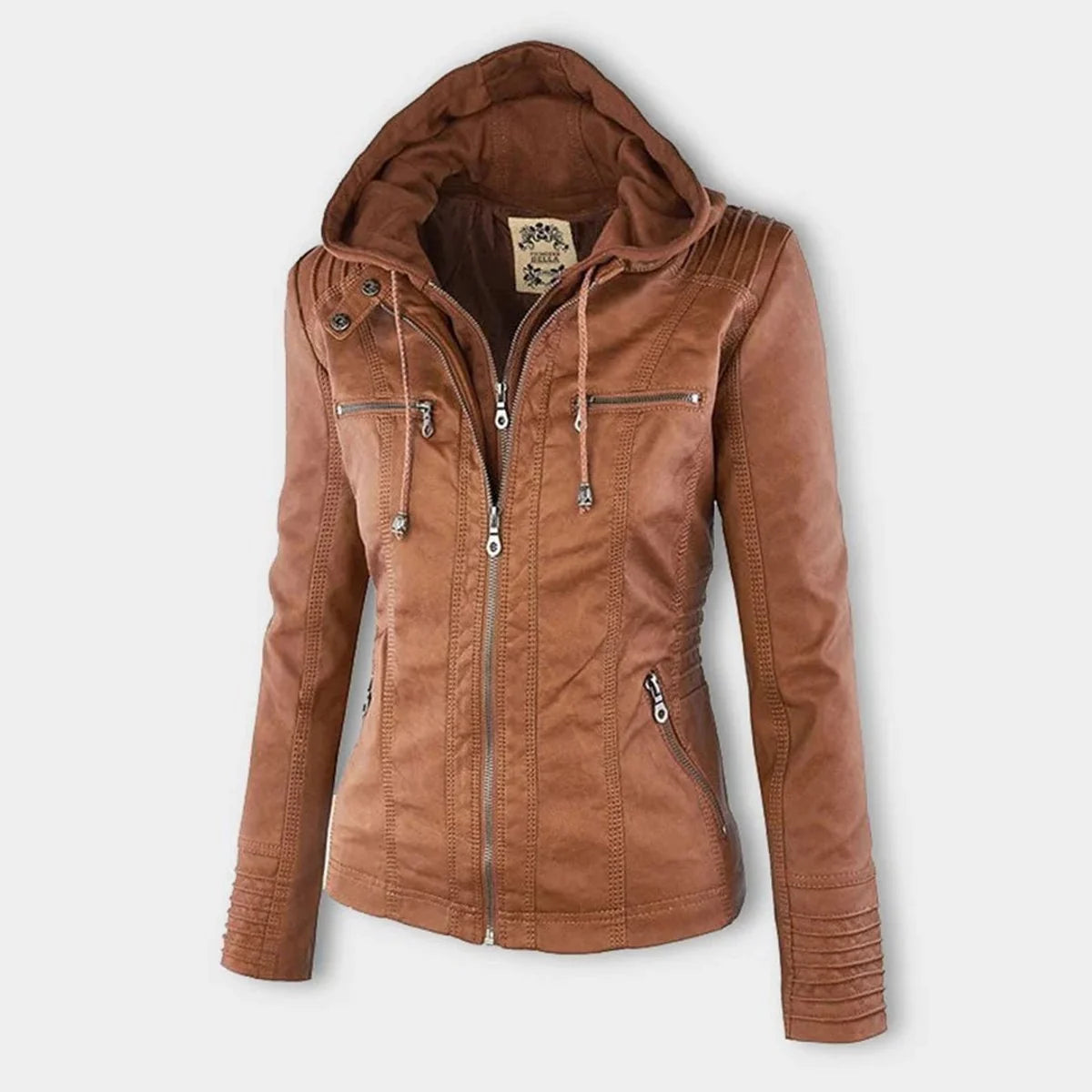 Nuana | Damen Kunstleder Kapuzenjacke mit Reißverschluss Taillierter Women Coat