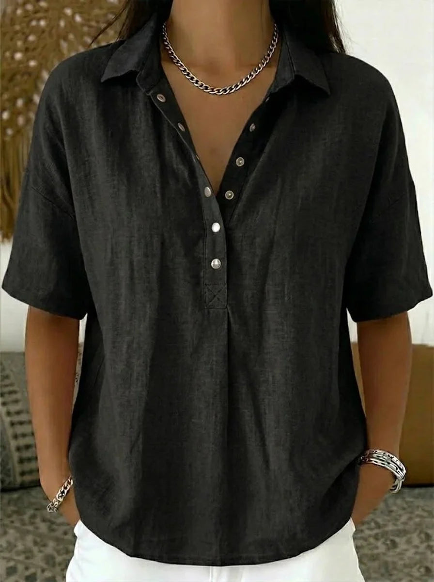 Nuana | Damen Kurzarm-Bluse mit Kragen lockerer Leinen-Look Knopfleiste
