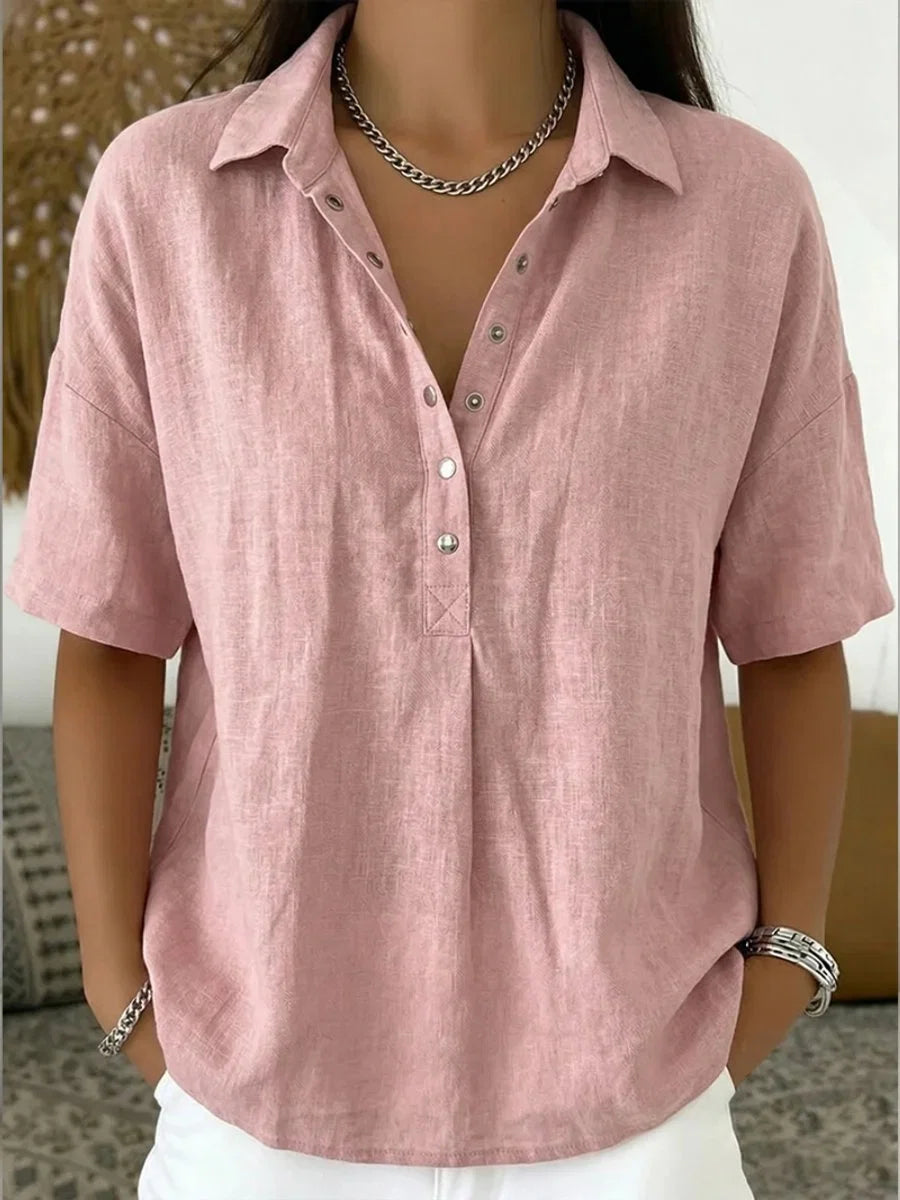 Nuana | Damen Kurzarm-Bluse mit Kragen lockerer Leinen-Look Knopfleiste