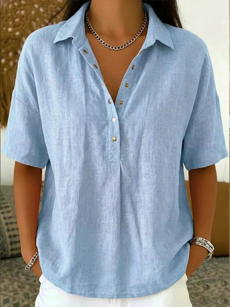 Nuana | Damen Kurzarm-Bluse mit Kragen lockerer Leinen-Look Knopfleiste