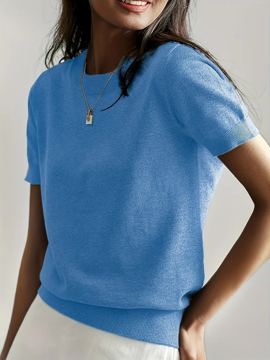 Nuana | Damen Kurzarm Rundhals Knit Sweater Top Lockere Passform