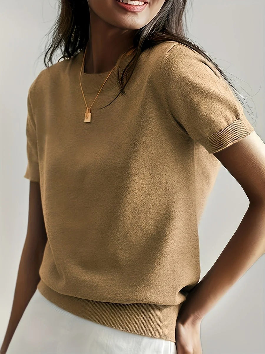 Nuana | Damen Kurzarm Rundhals Knit Sweater Top Lockere Passform