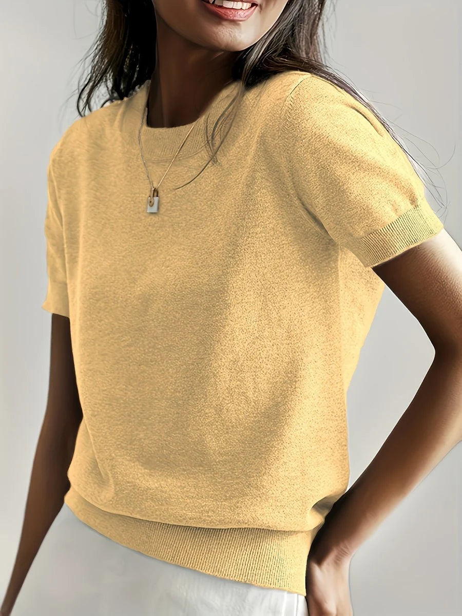Nuana | Damen Kurzarm Rundhals Knit Sweater Top Lockere Passform