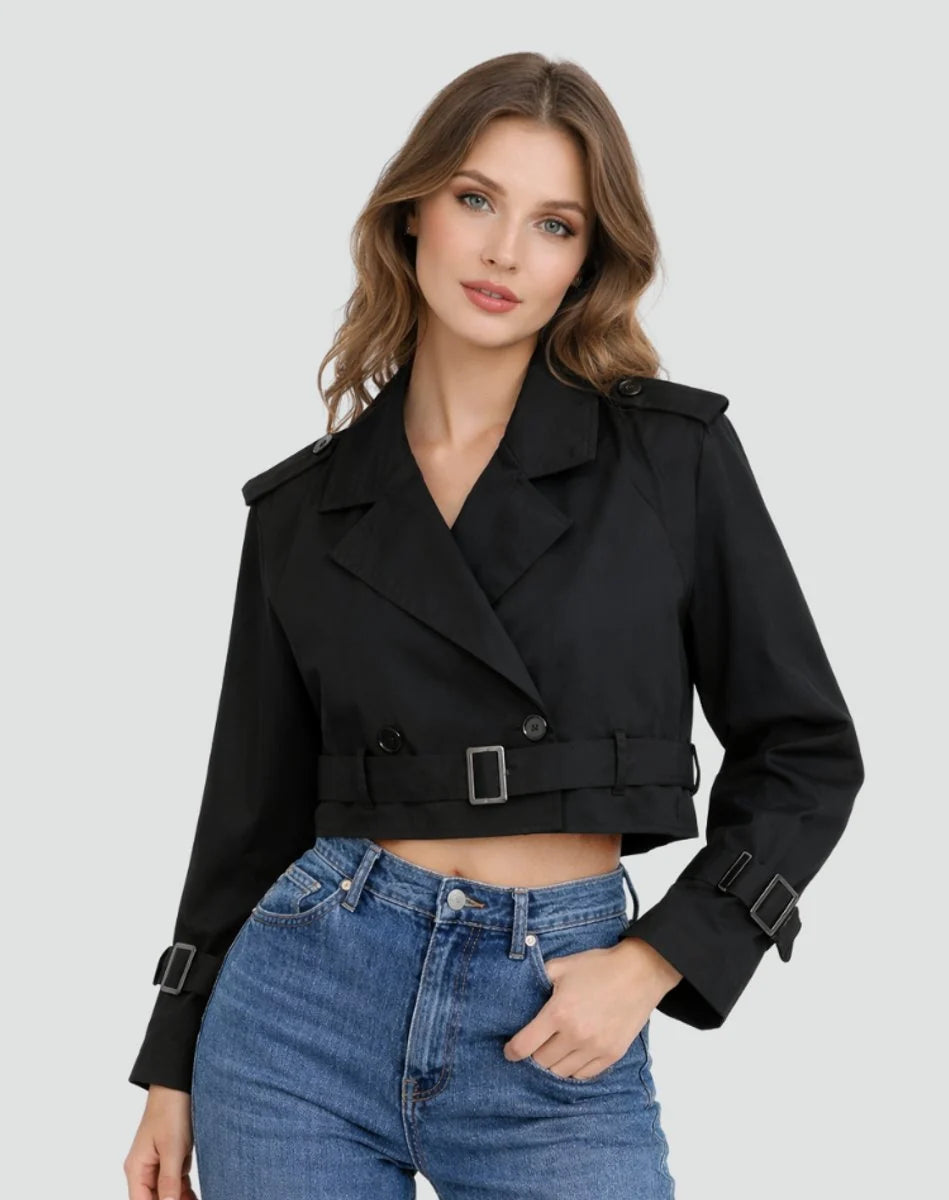 Nuana Damen Kurzer Taillierter Trenchcoat Doppelreihige Gürteljacke