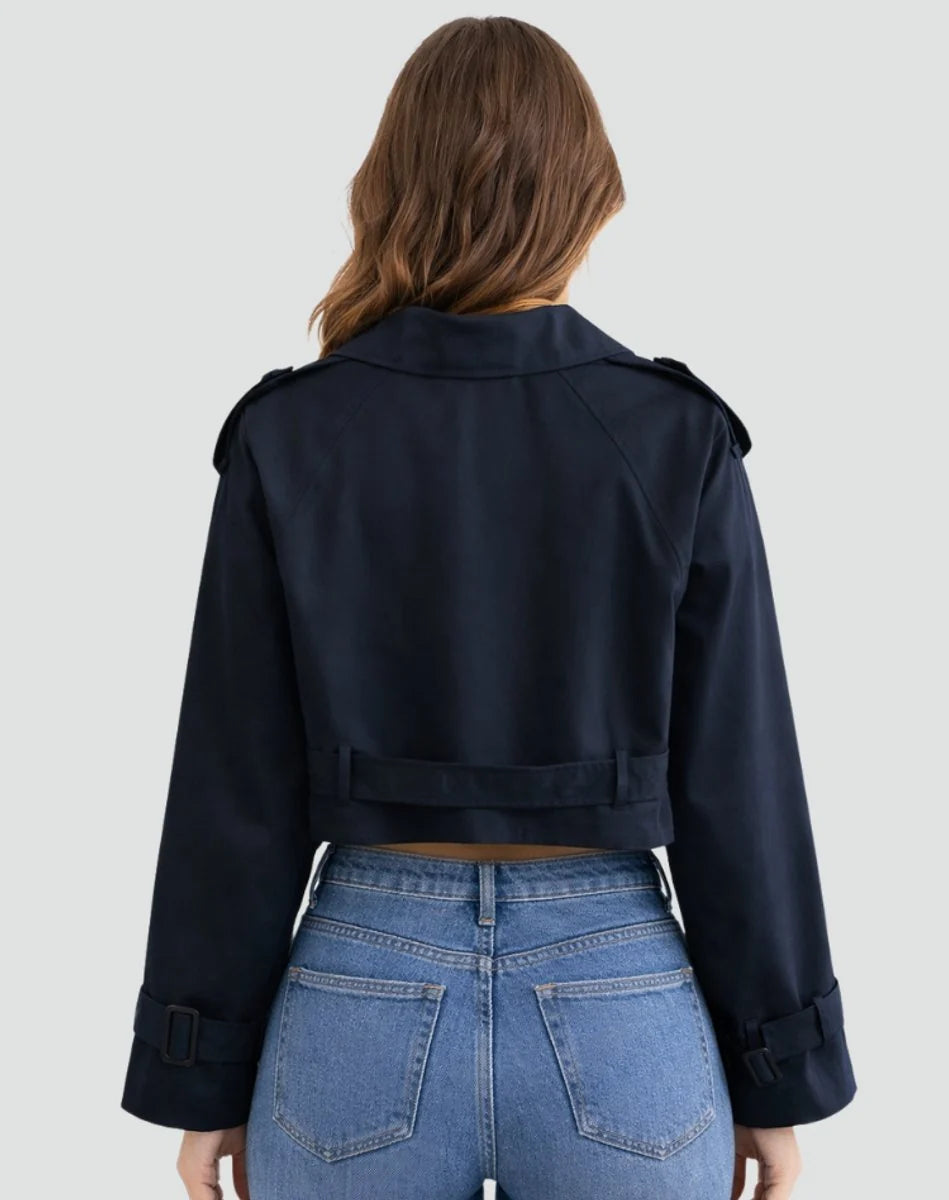 Nuana Damen Kurzer Taillierter Trenchcoat Doppelreihige Gürteljacke