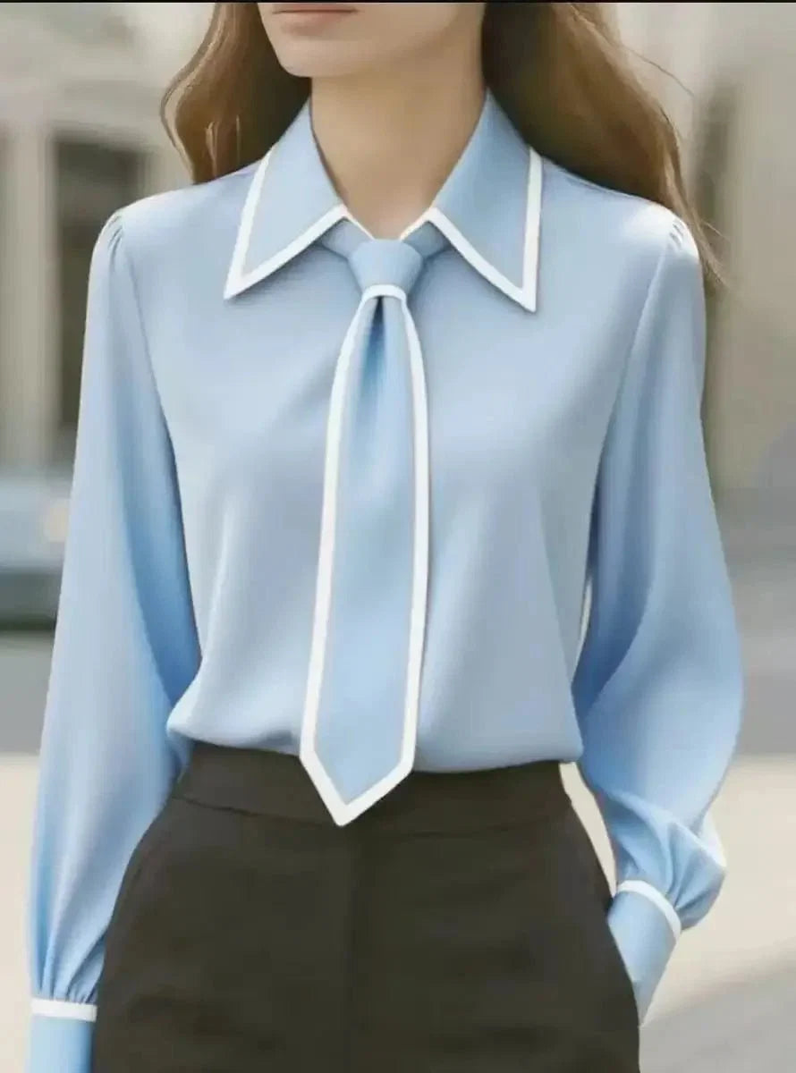 Nuana | Damen Langarm-Bluse mit Krawatten-Detail Kontrastkragen Knopfleiste