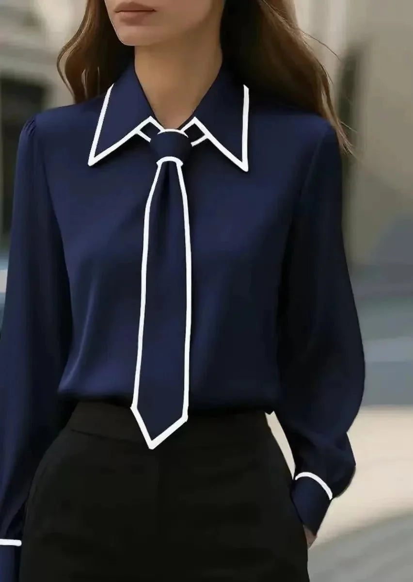 Nuana | Damen Langarm-Bluse mit Krawatten-Detail Kontrastkragen Knopfleiste
