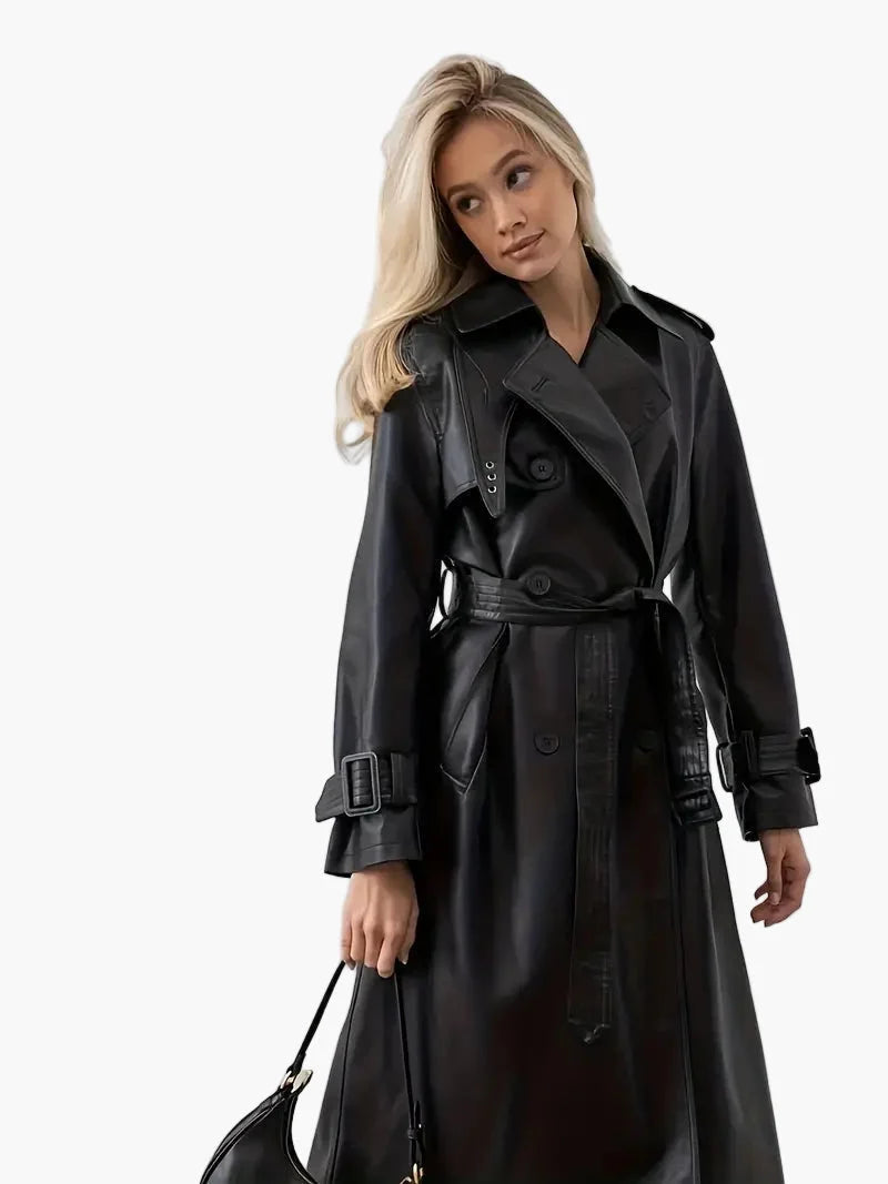 Nuana | Damen Langer Gürtetragender Kunstleder Trenchcoat