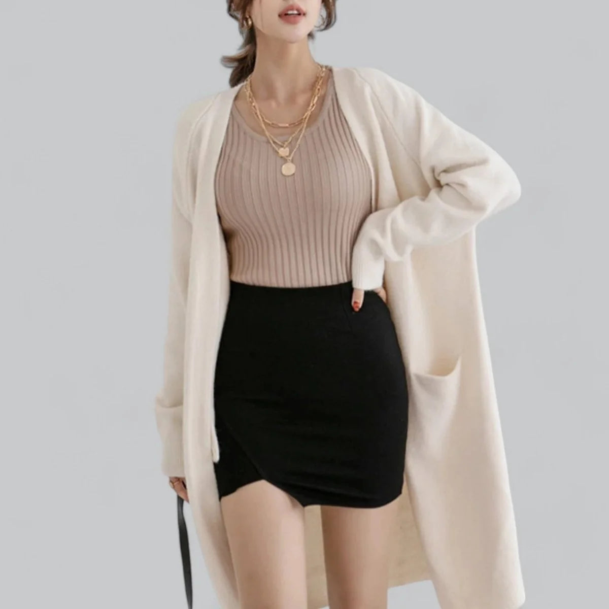 Nuana | Damen Langer Oversized Kaschmir Strick Cardigan