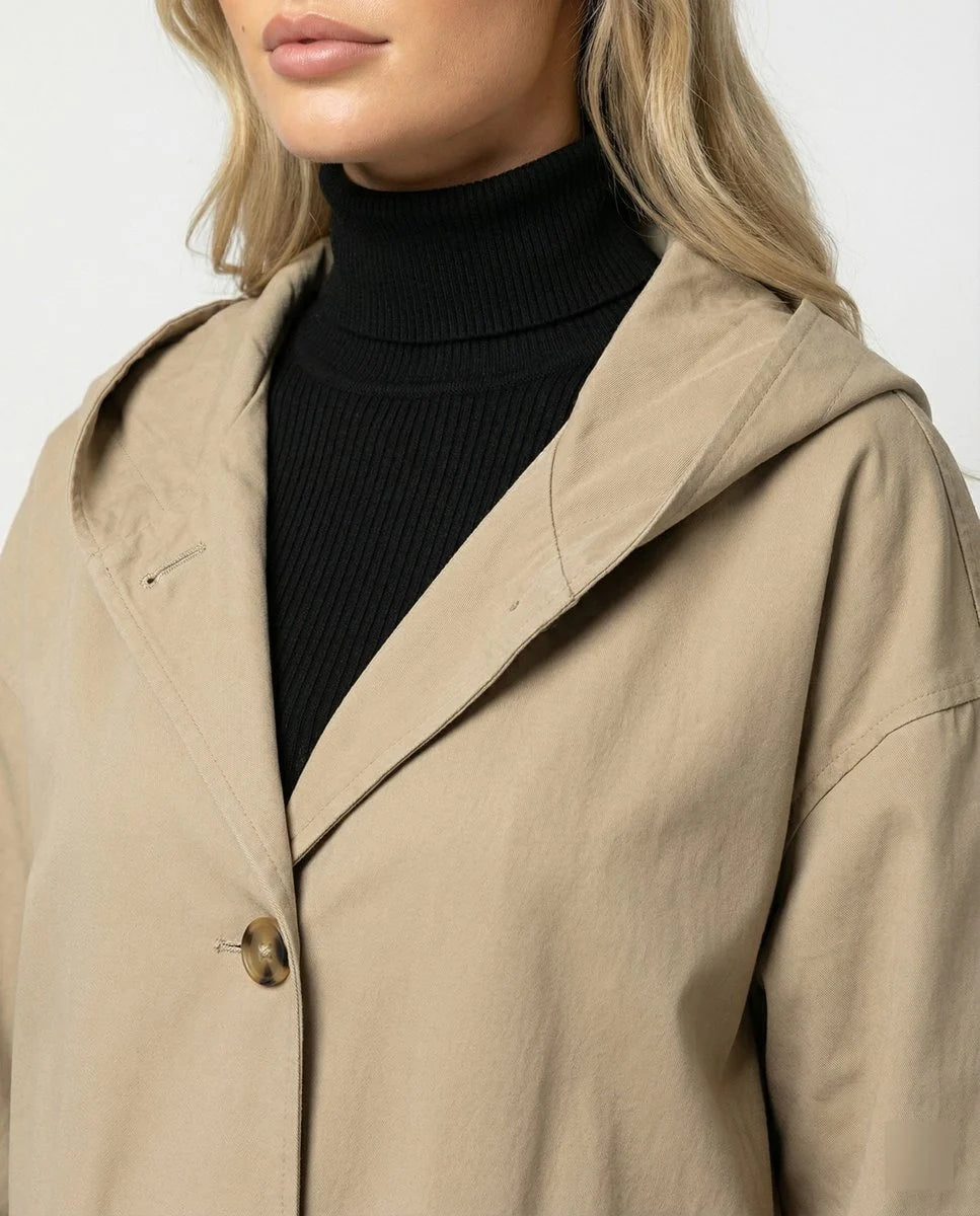 Nuana | Damen Langer Wasserabweisender Windproof Trench Coat mit Kapuze