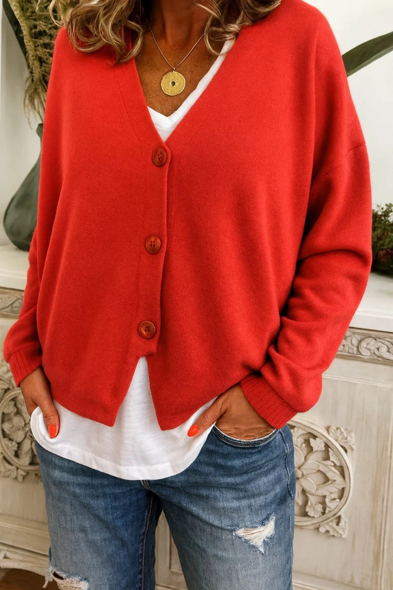 Nuana | Damen Leichter V-Ausschnitt Geknöpfter Oversized Cardigan
