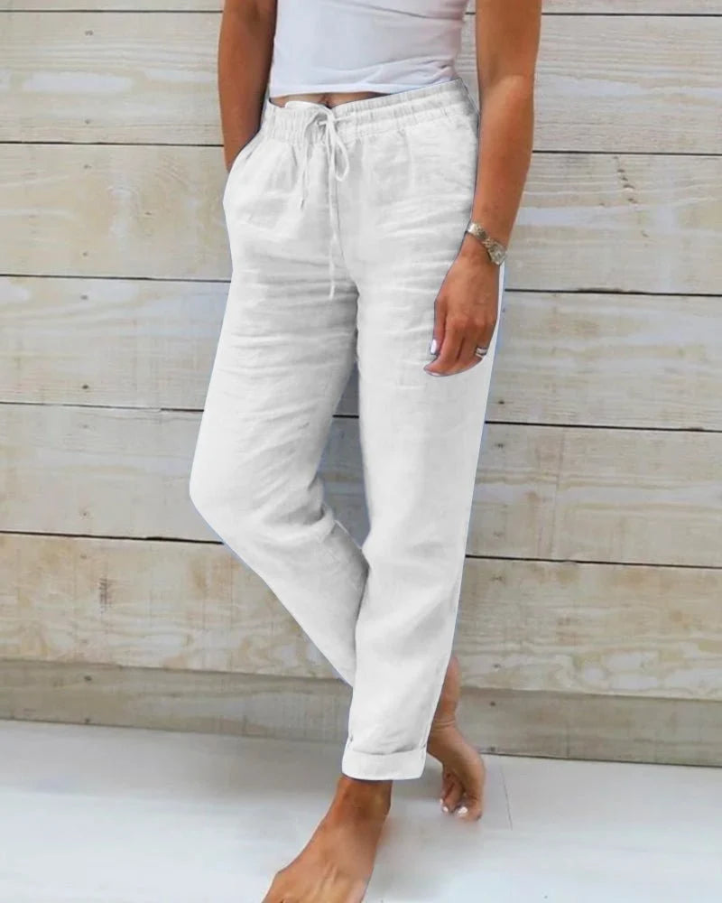 Nuana | Damen Leinen Kordelzug Gummibund Gerade Hose