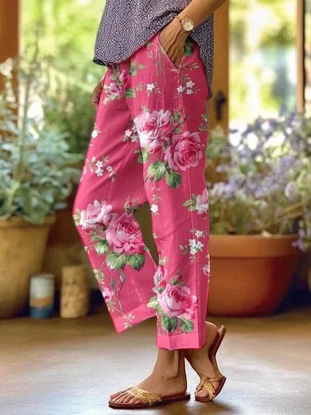 Nuana | Damen Lockere Blumen-Freizeithose mit Mittlerer Taille und Taschen