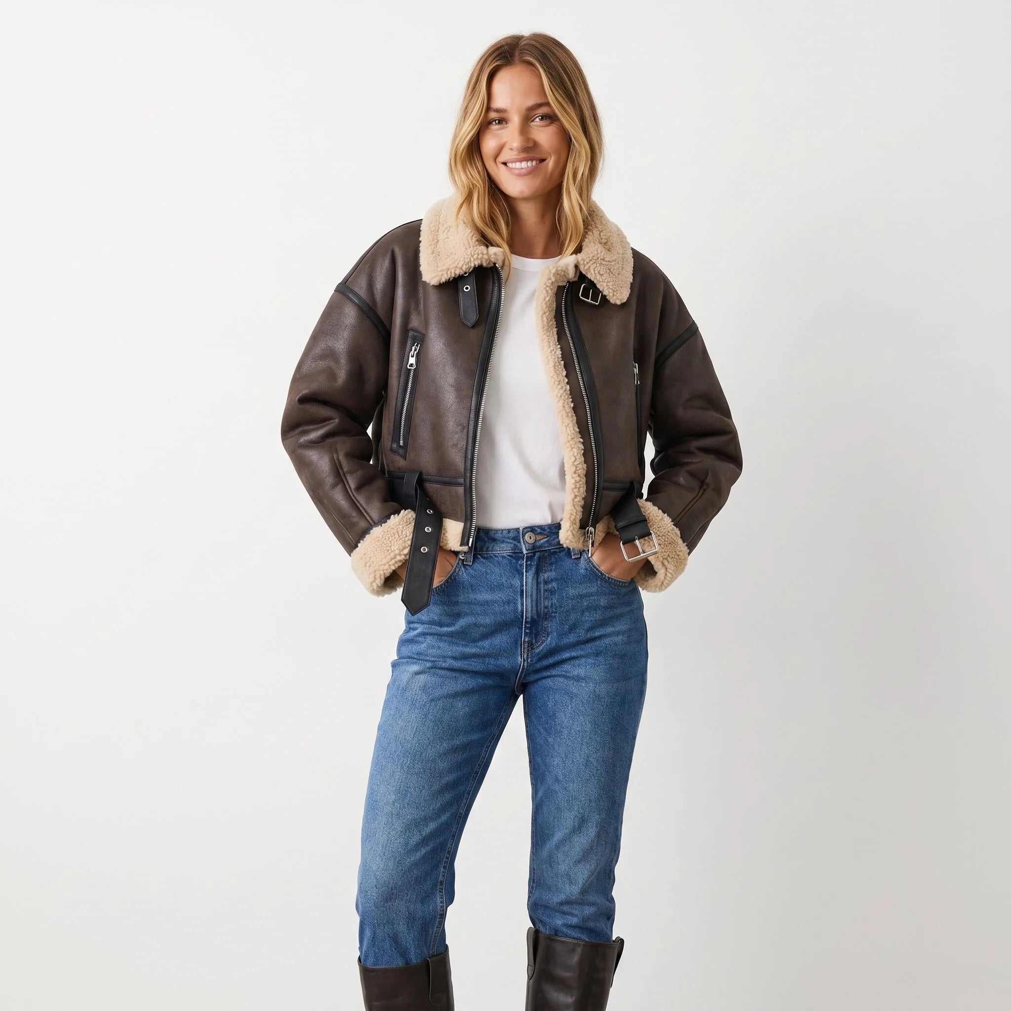 Nuana | Damen Luxus Doppelseitige Lammfell Bomber Jacke