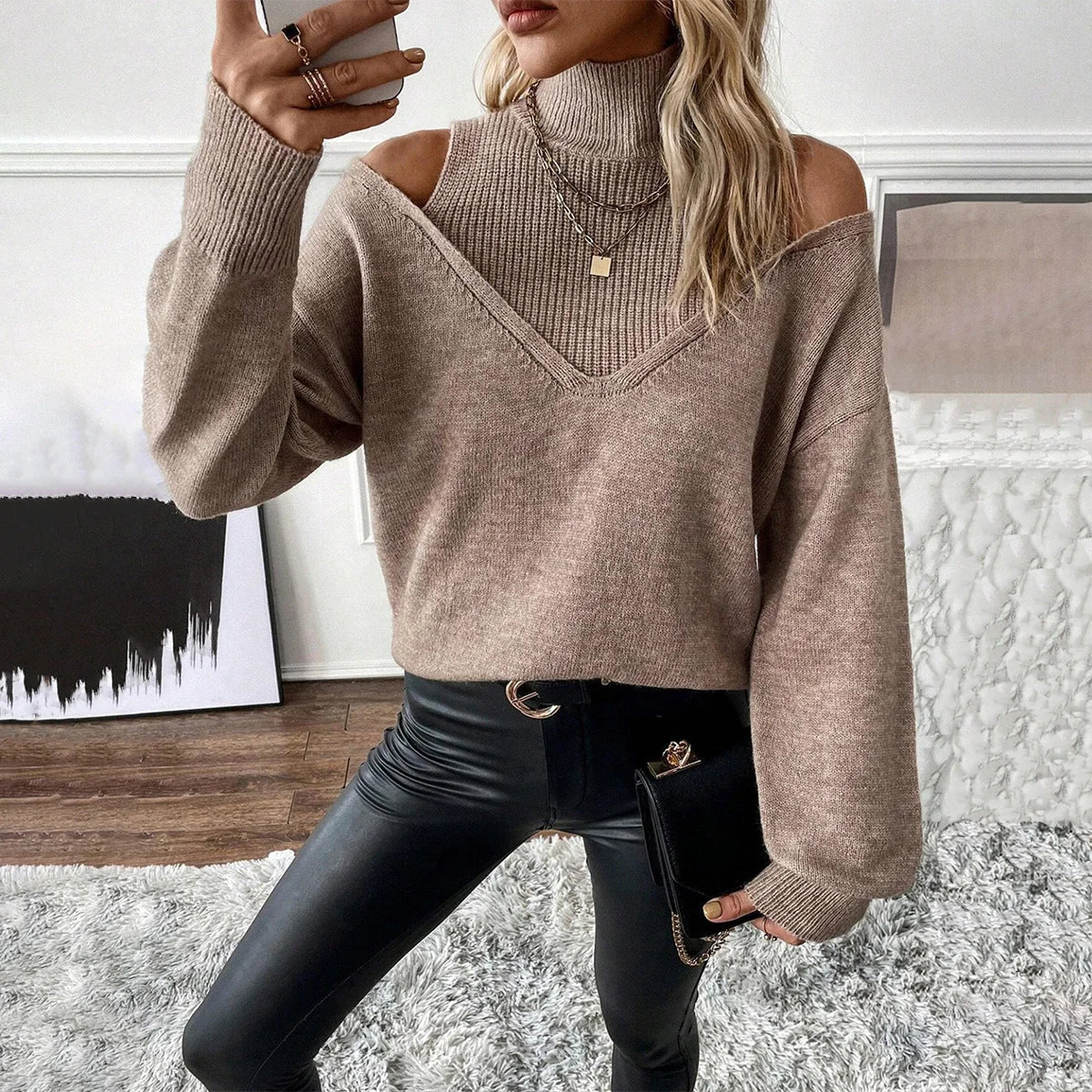 Nuana | Damen Off-Shoulder Rollkragenpullover Aus Strick