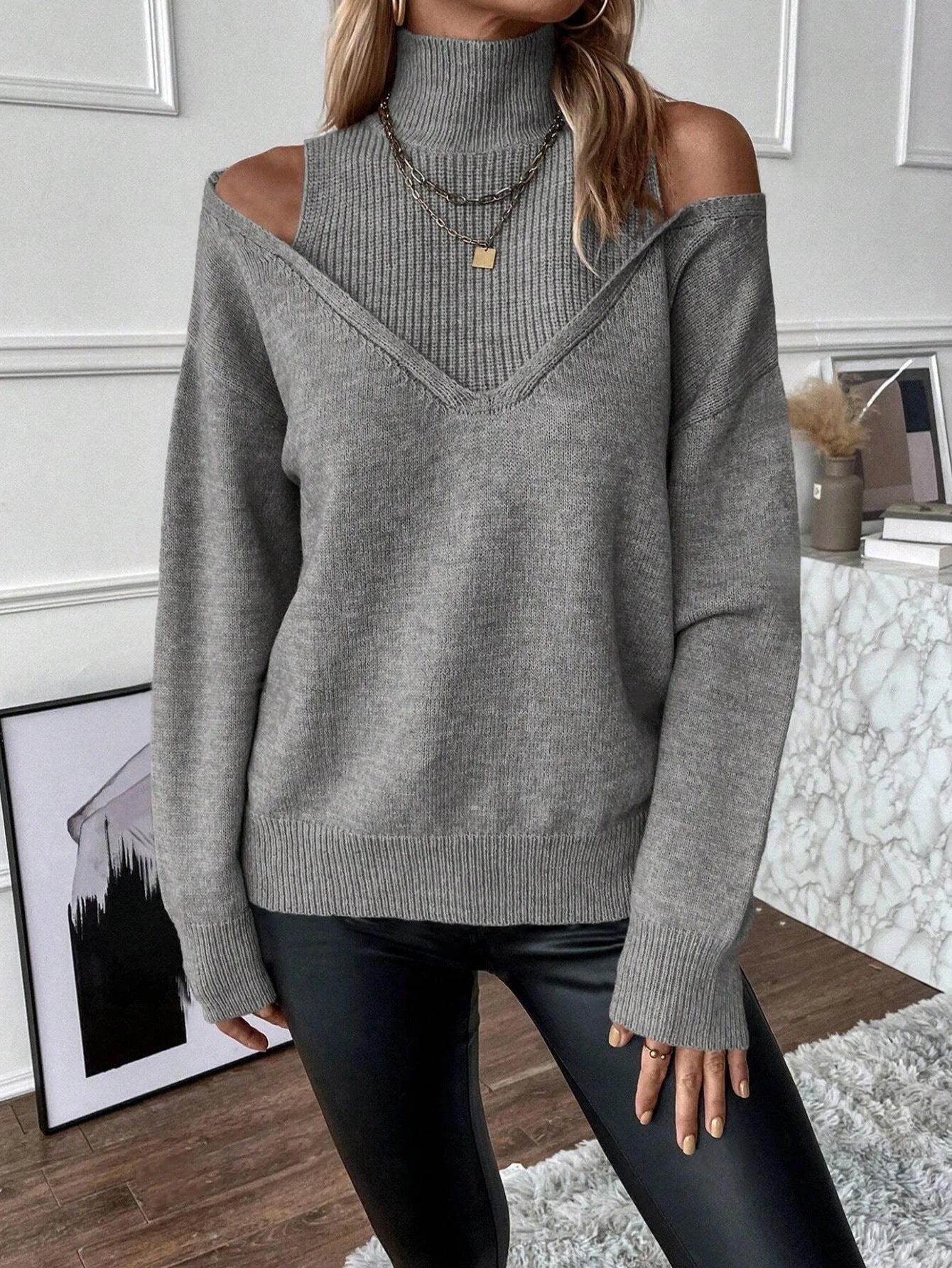 Nuana | Damen Off-Shoulder Rollkragenpullover Aus Strick