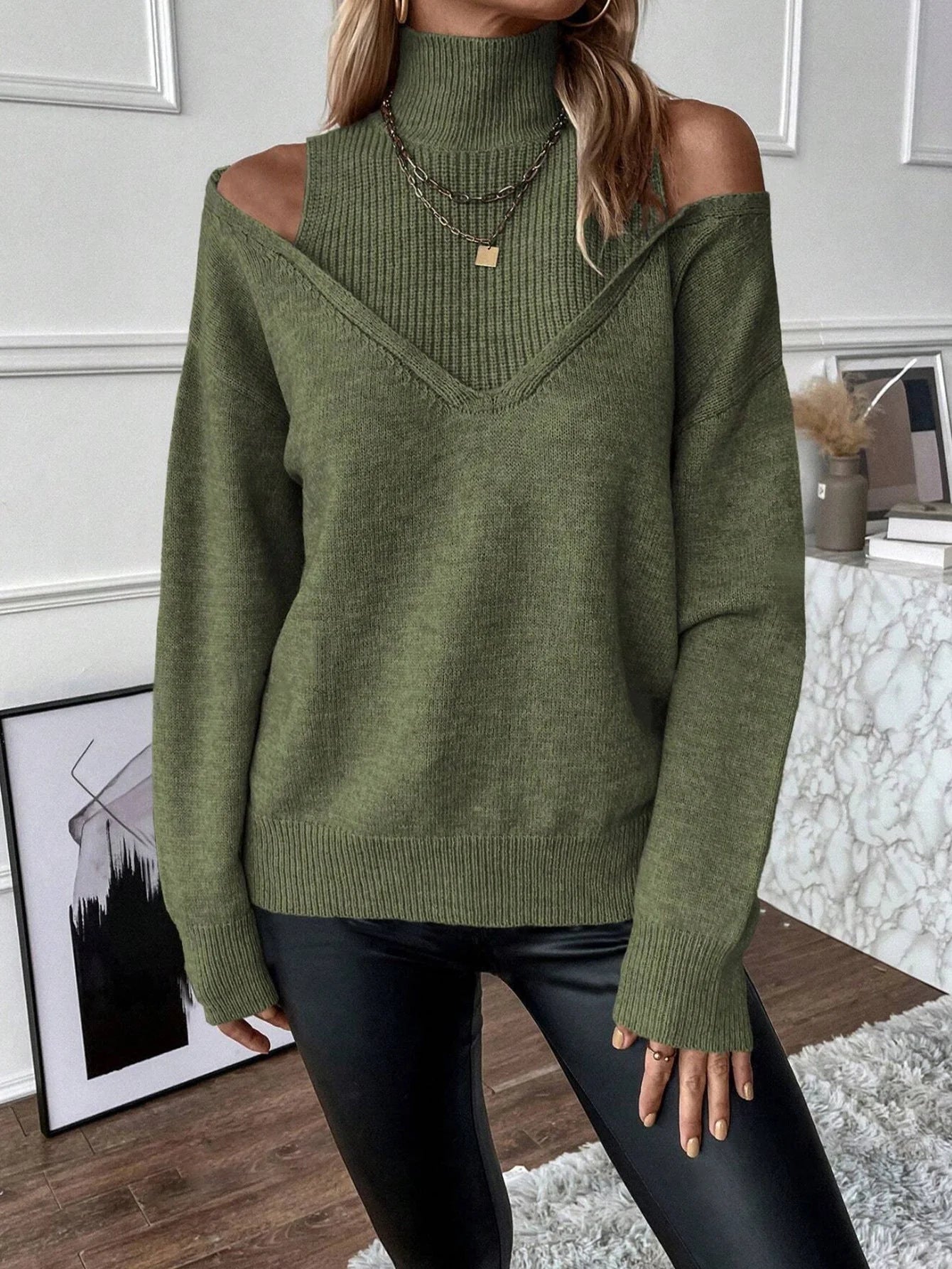 Nuana | Damen Off-Shoulder Rollkragenpullover Aus Strick
