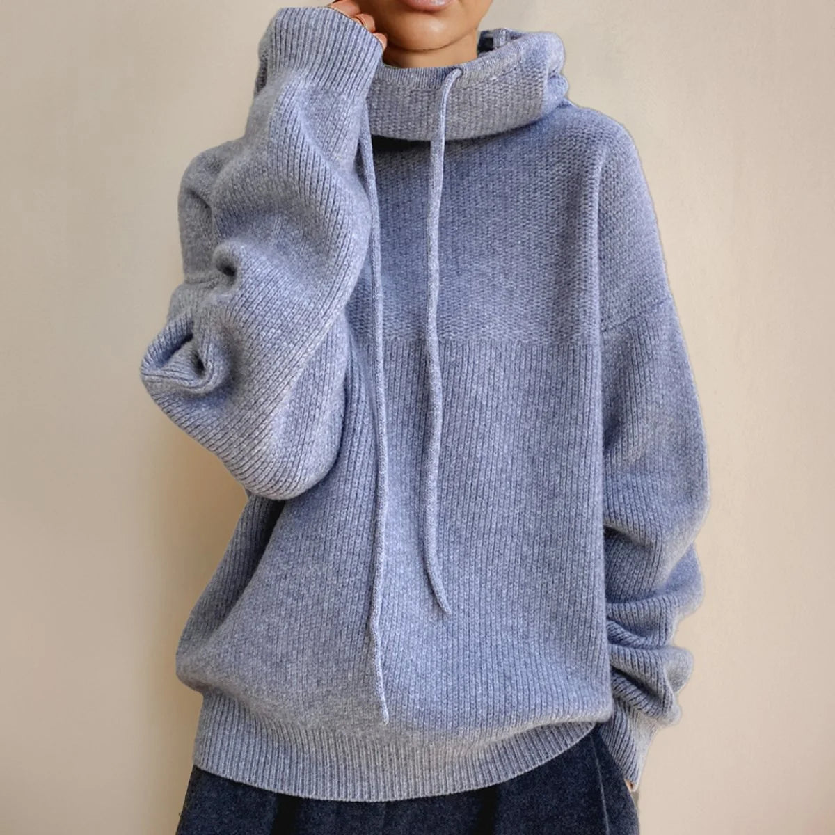 Nuana | Damen Oversize Strick-Turtleneck Sweater mit Kapuze und Kordelzug