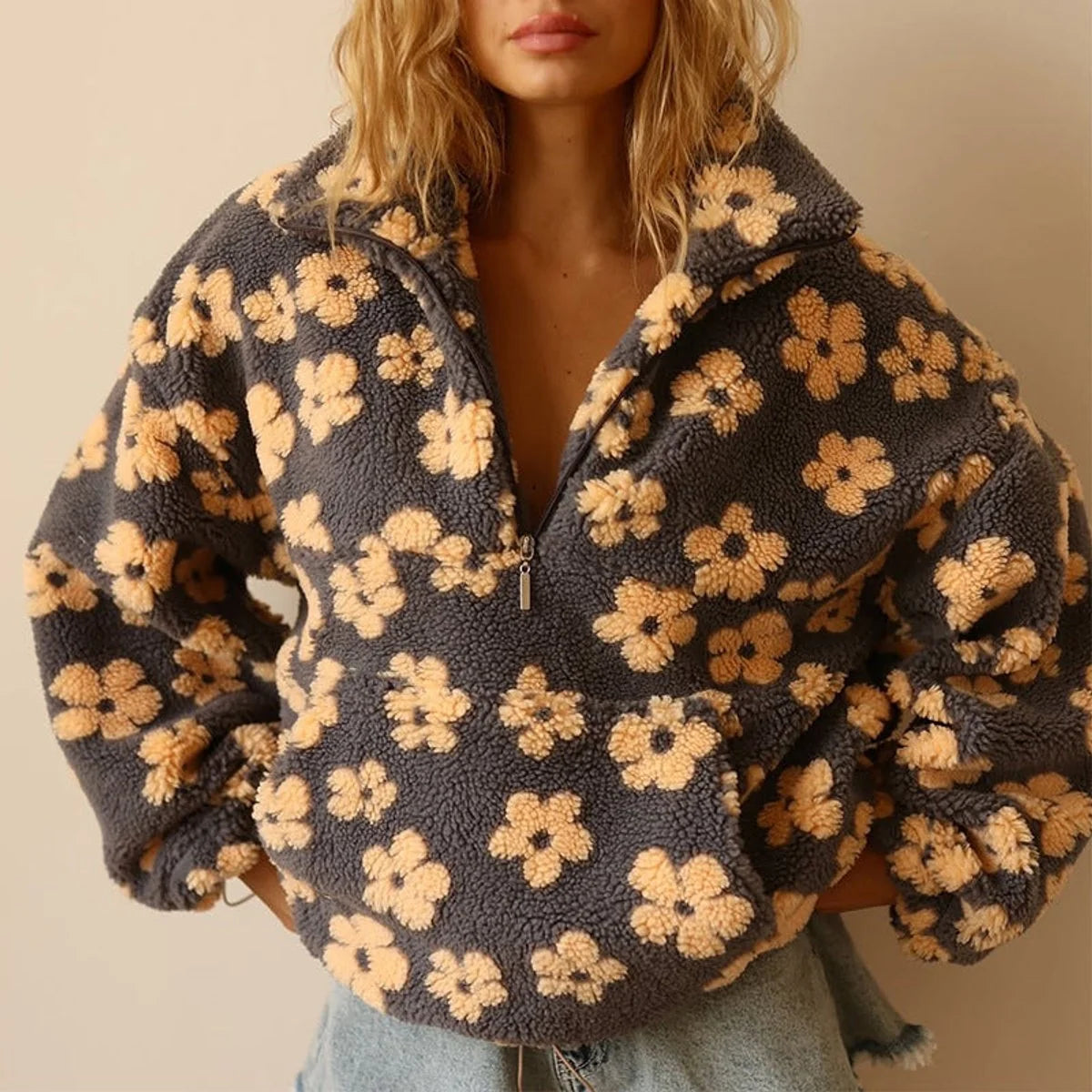 Nuana Damen Oversized Floral Sherpa Fleece Pullover Sweater