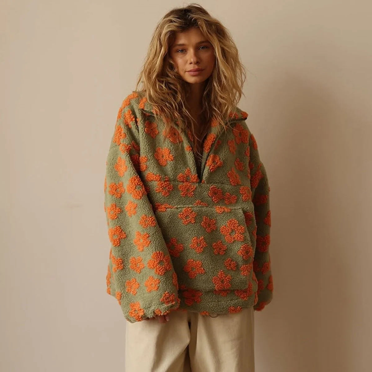 Nuana Damen Oversized Floral Sherpa Fleece Pullover Sweater