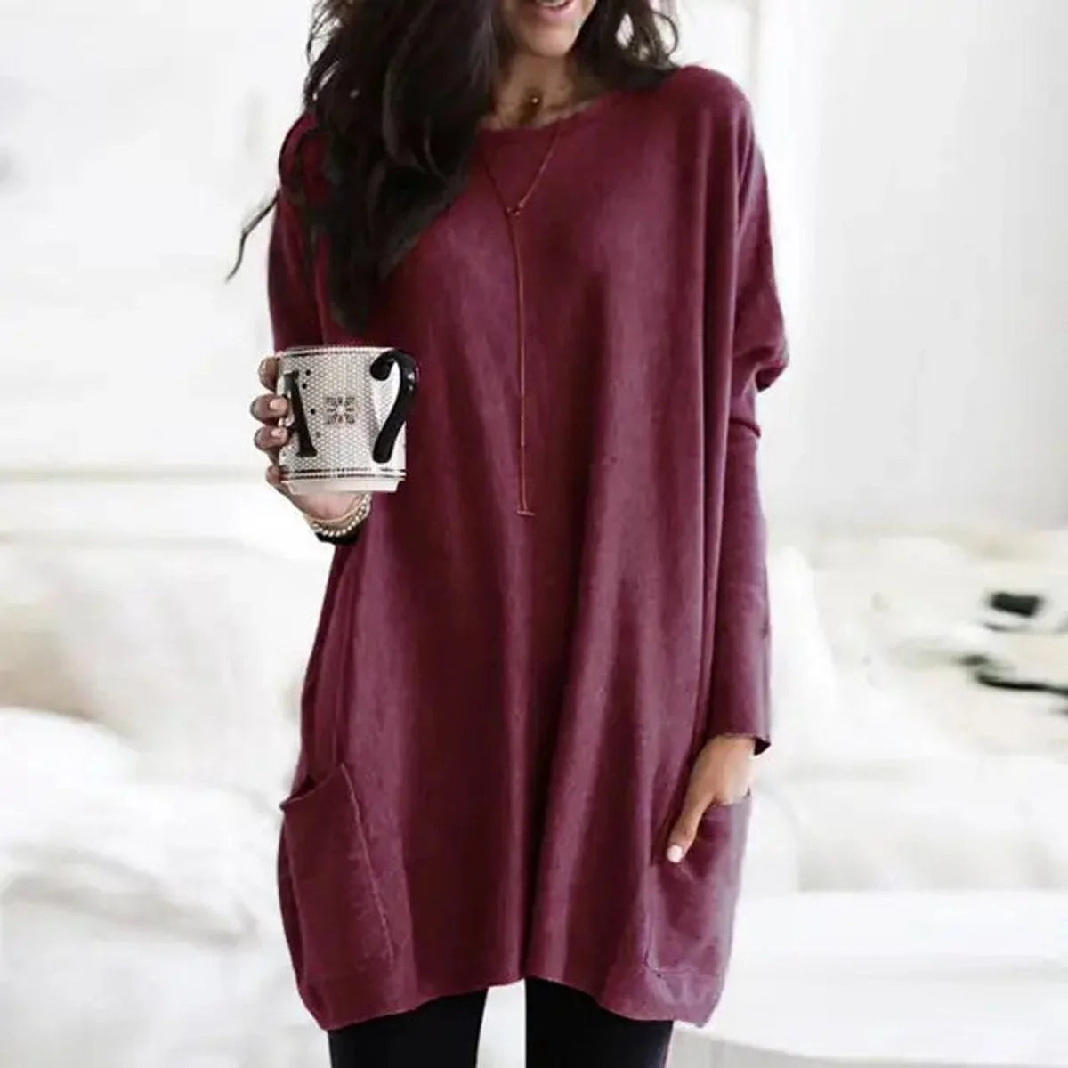 Nuana | Damen Oversized Langarm-Tunika Pullover mit Taschen