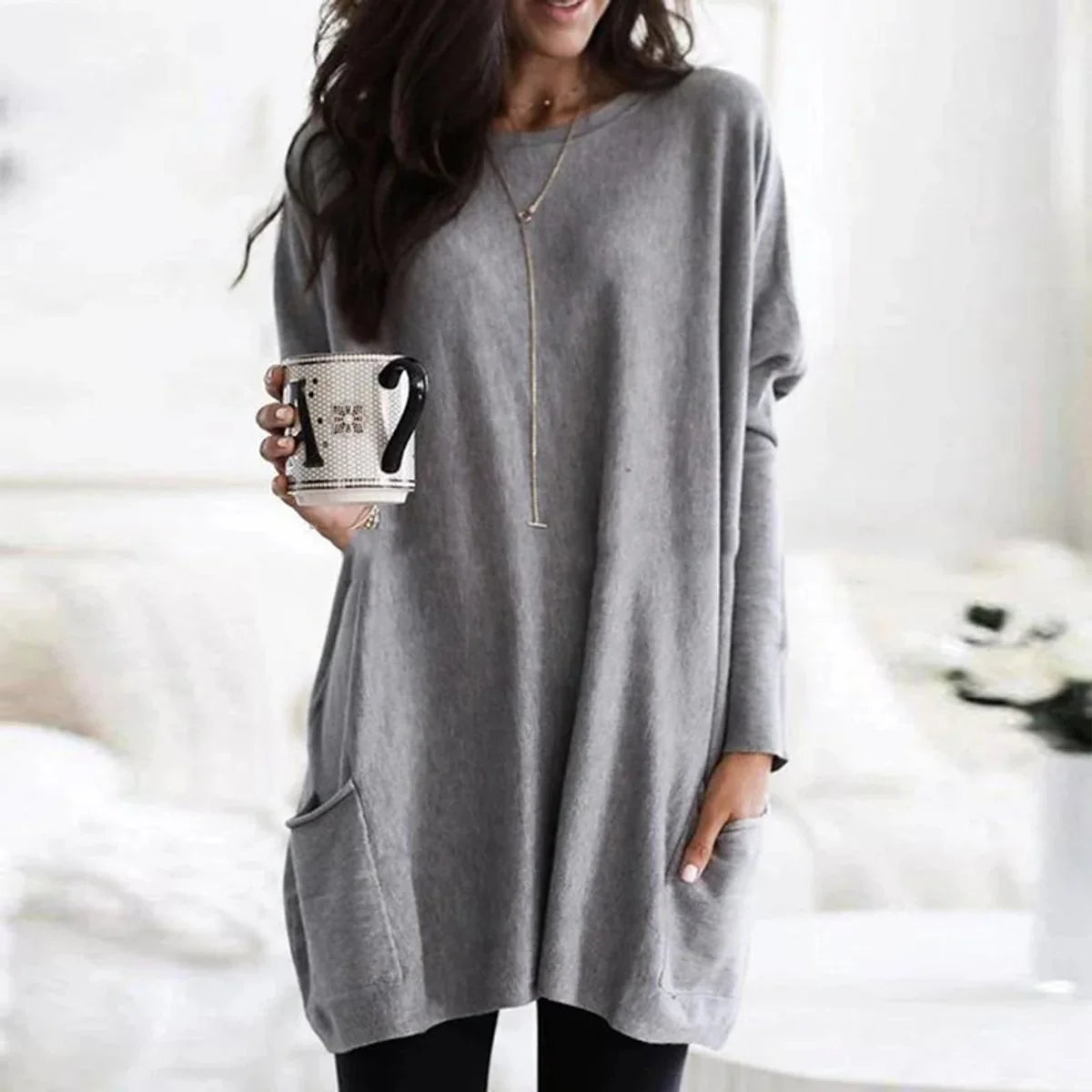 Nuana | Damen Oversized Langarm-Tunika Pullover mit Taschen