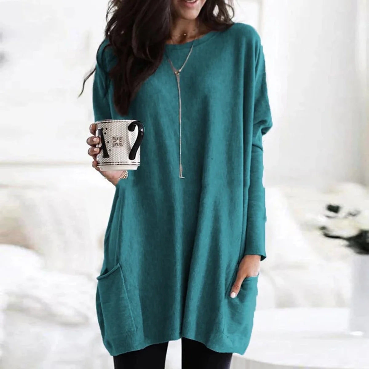 Nuana | Damen Oversized Langarm-Tunika Pullover mit Taschen