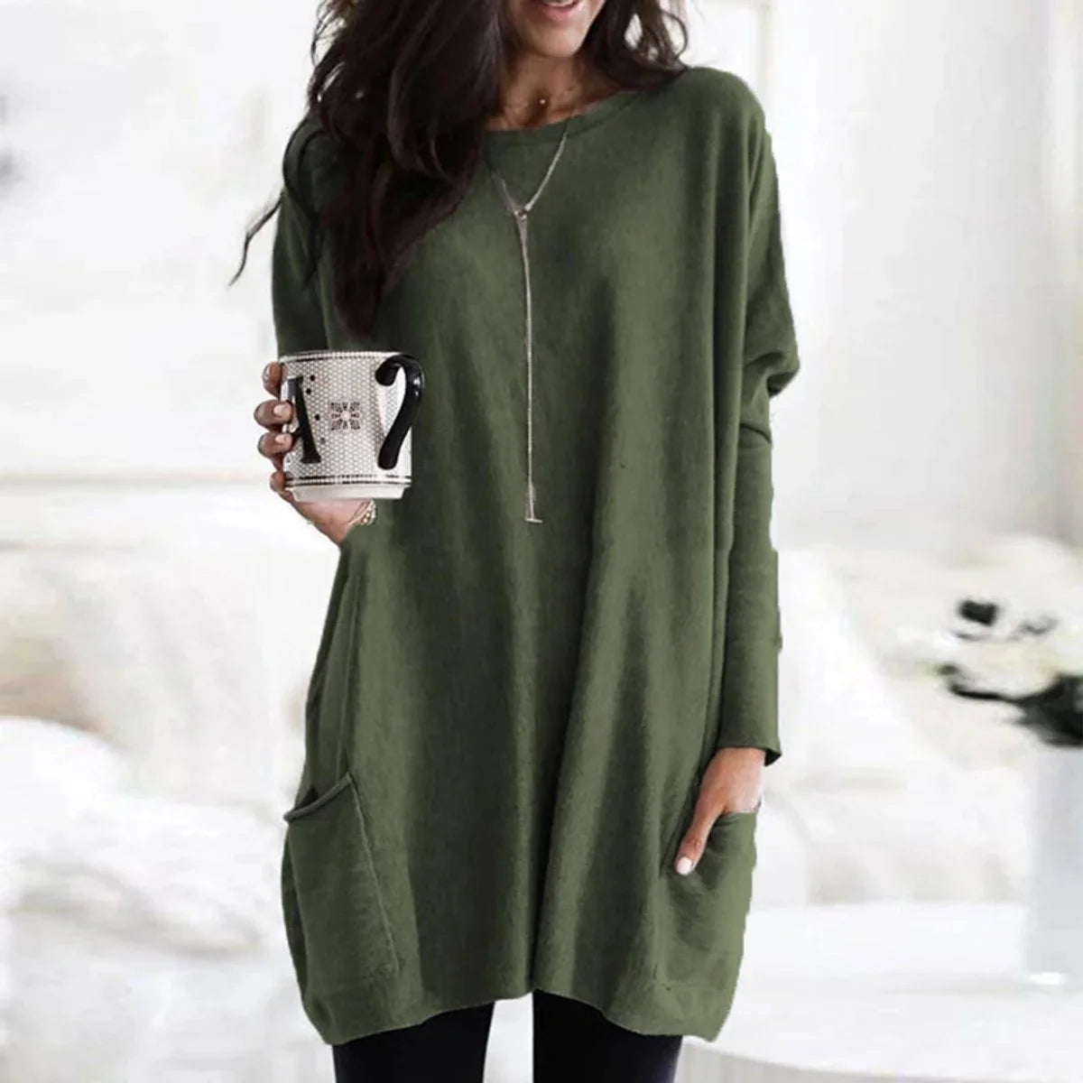 Nuana | Damen Oversized Langarm-Tunika Pullover mit Taschen