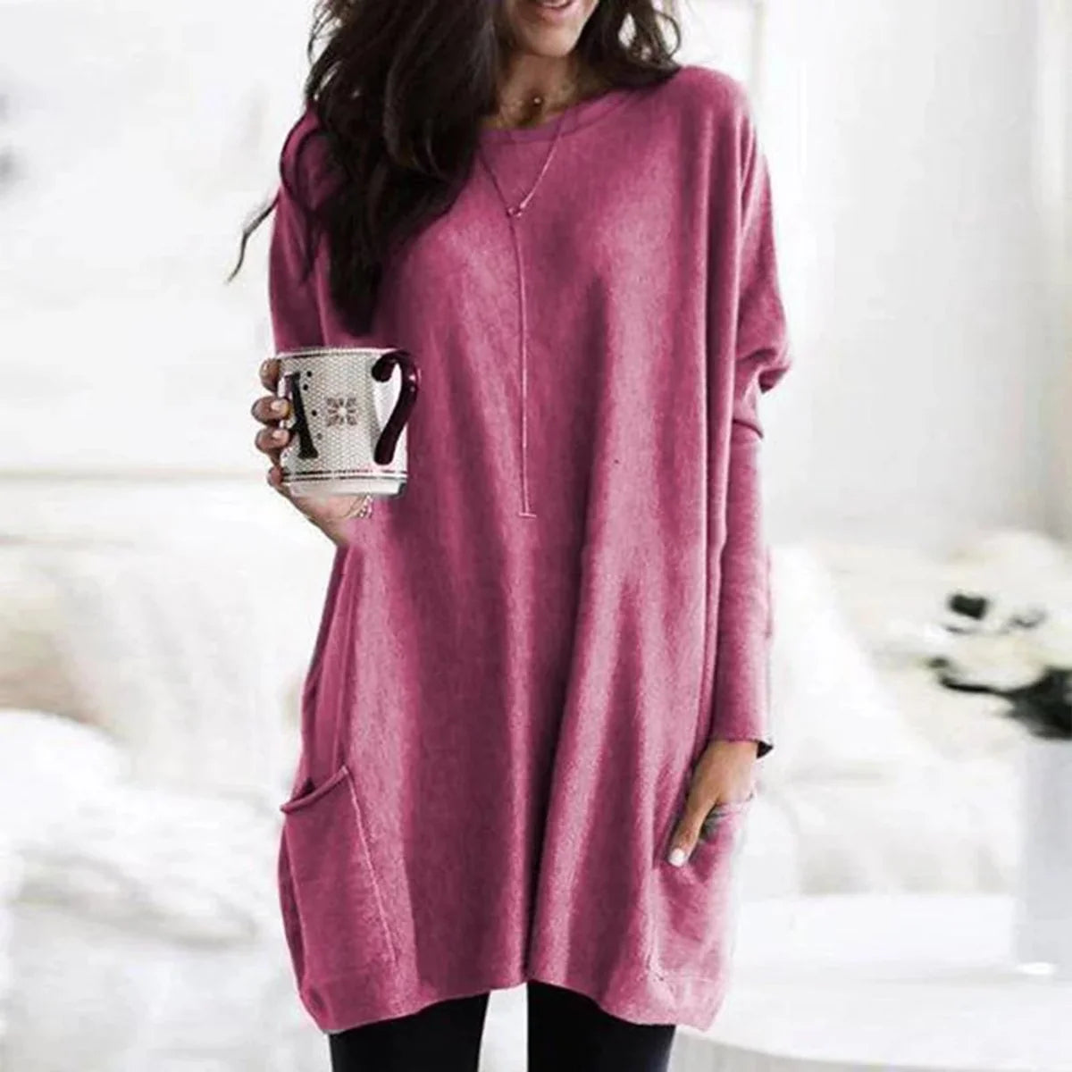 Nuana | Damen Oversized Langarm-Tunika Pullover mit Taschen