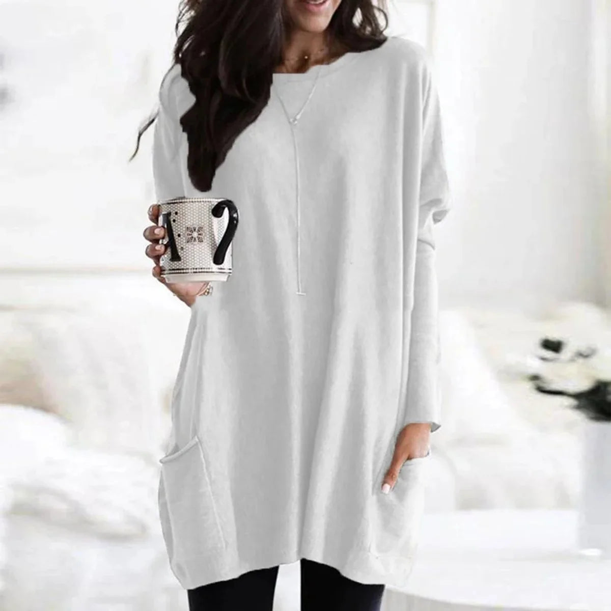 Nuana | Damen Oversized Langarm-Tunika Pullover mit Taschen