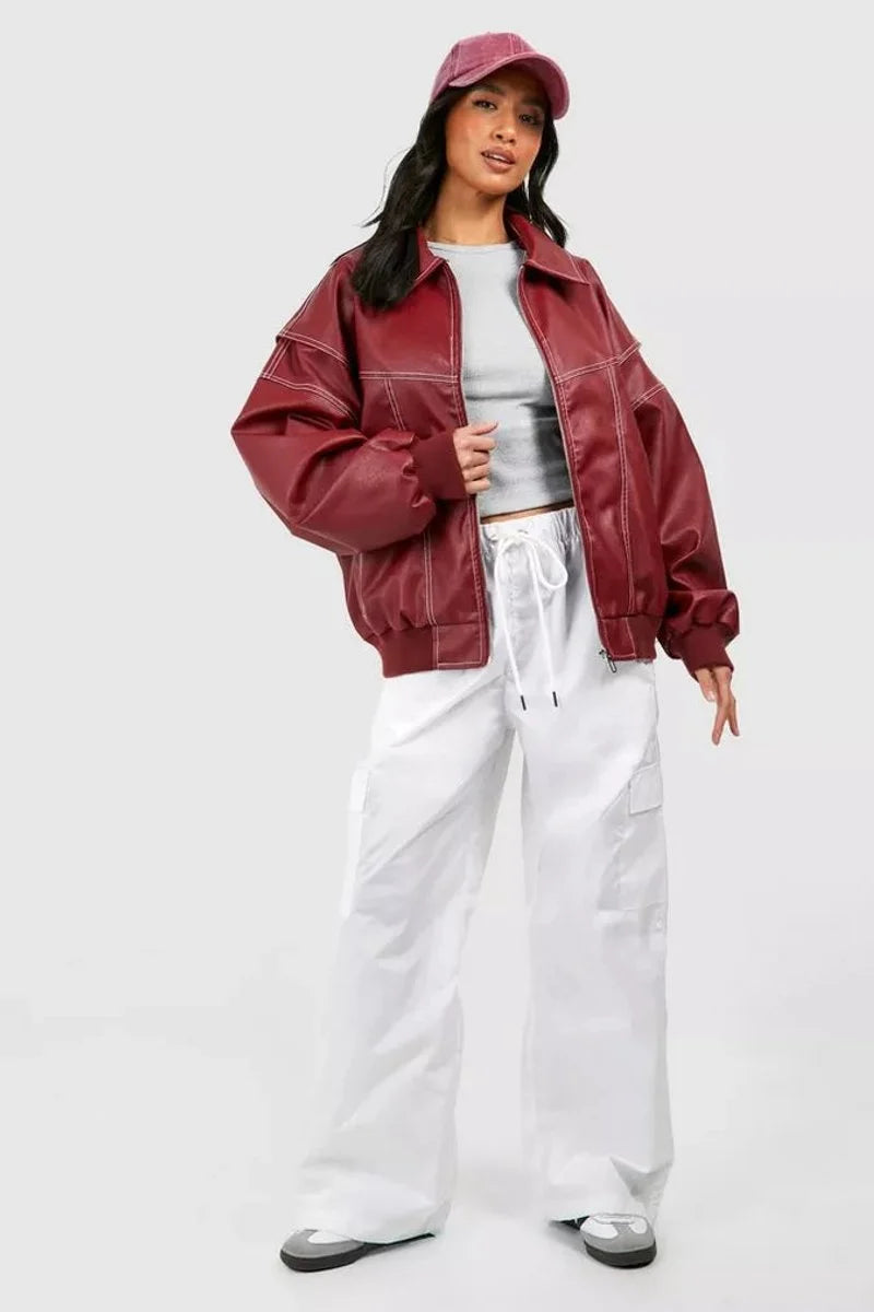 Nuana | Damen Oversized Steppjacke Bomberjacke Kontrastnaht Kunstleder