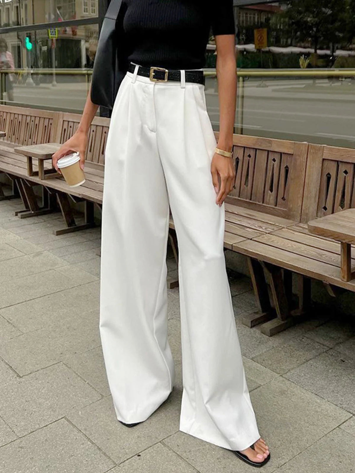 Nuana | Damen Plissierte Vorderseite Weite-Hosen mit Gürtel