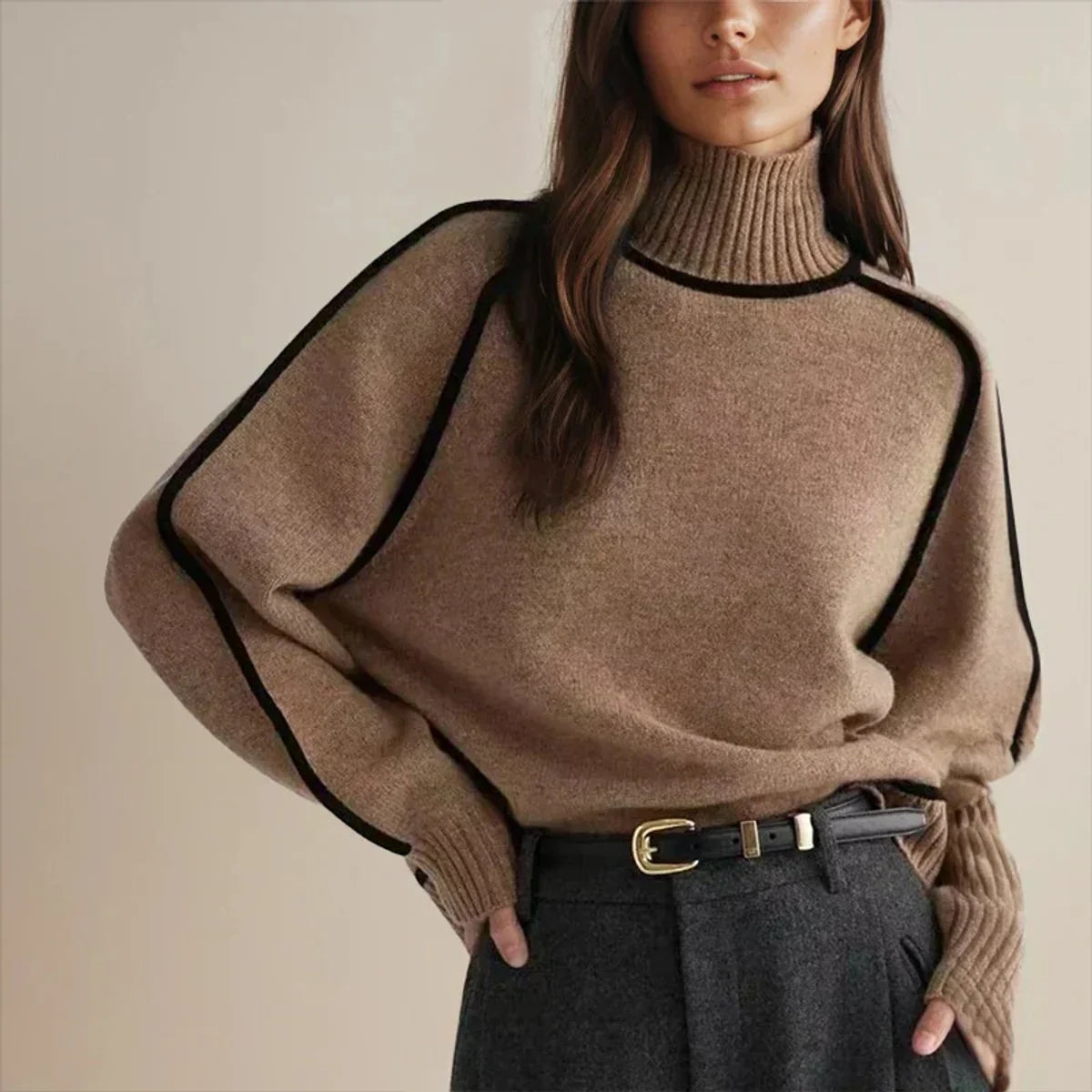 Nuana | Damen Rollkragen Oversized Strick Sweater mit Kontraststreifen