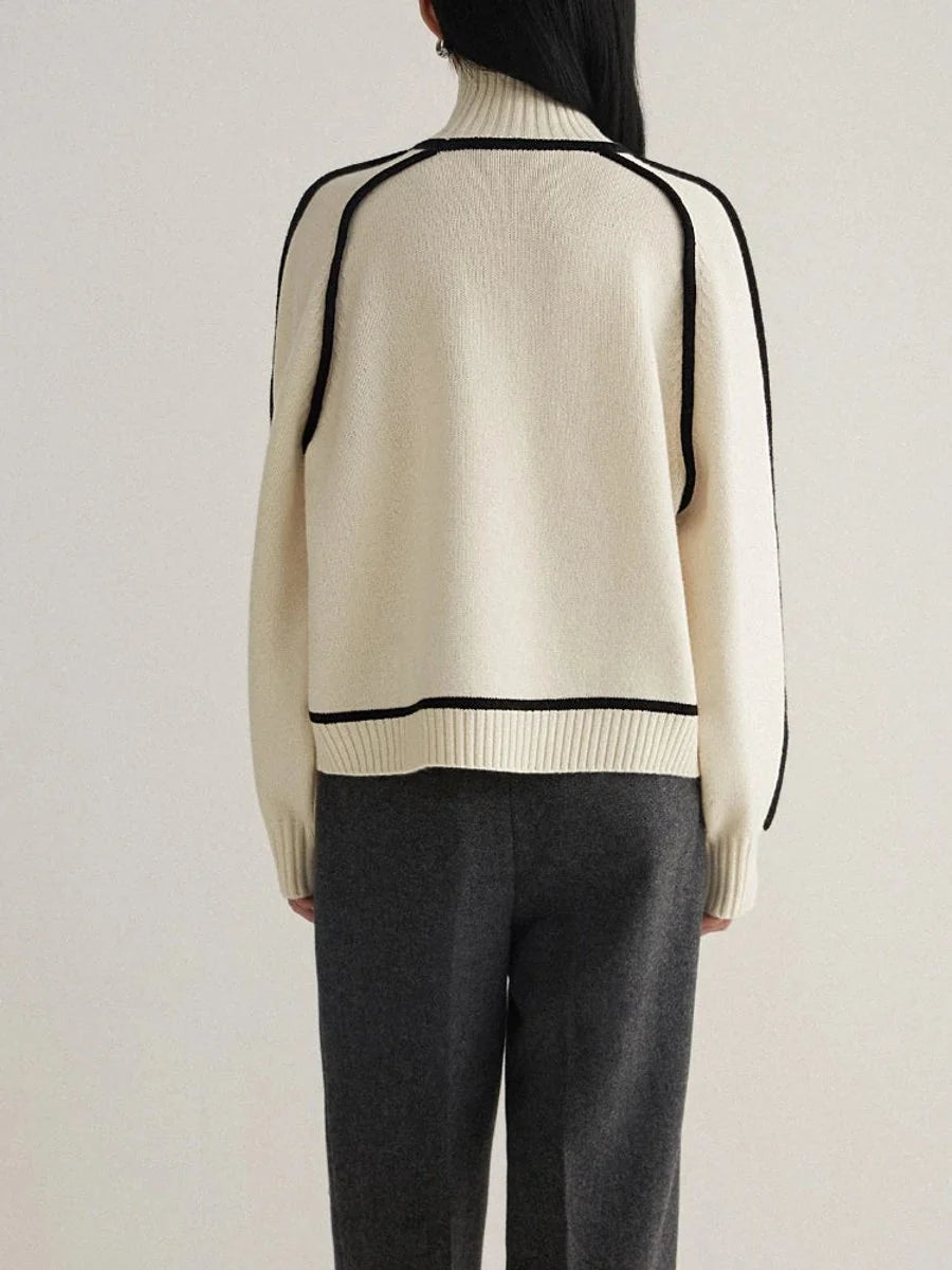 Nuana | Damen Rollkragen Oversized Strick Sweater mit Kontraststreifen