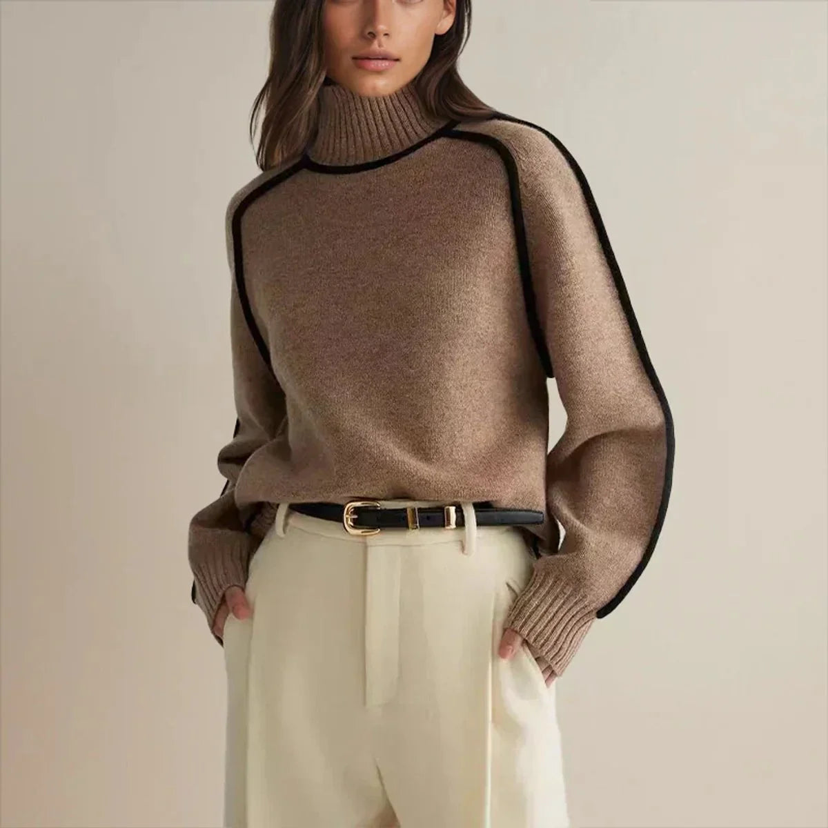 Nuana | Damen Rollkragen Oversized Strick Sweater mit Kontraststreifen