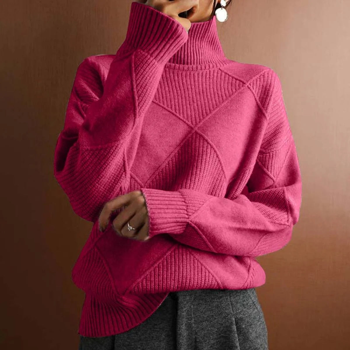 Nuana | Damen Rollkragenpullover mit Rautenmuster Lässiger Strickpullover