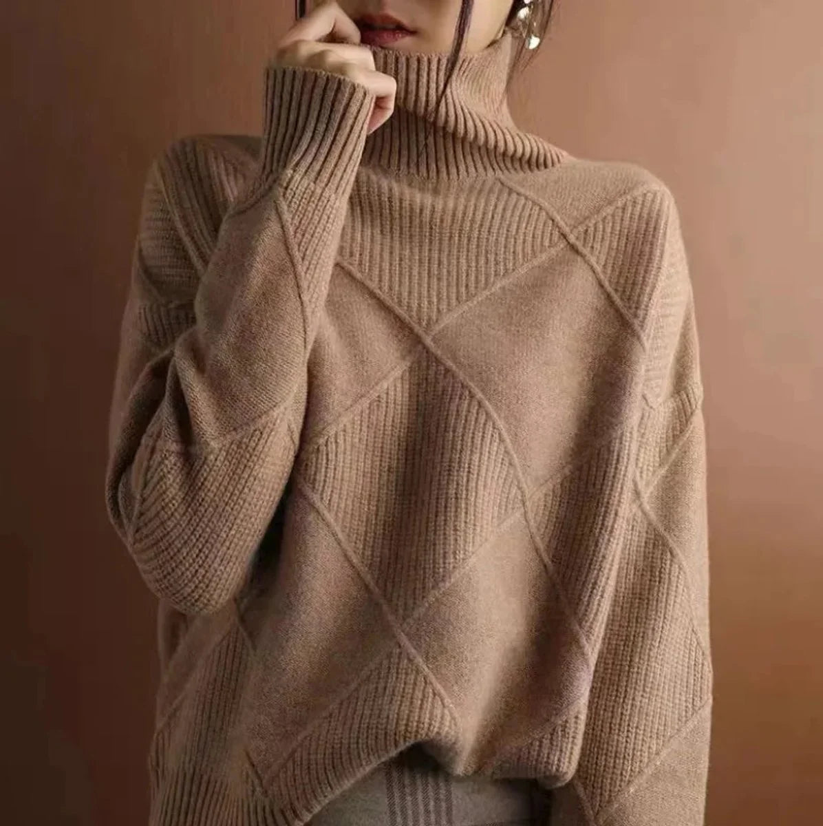 Nuana | Damen Rollkragenpullover mit Rautenmuster Lässiger Strickpullover