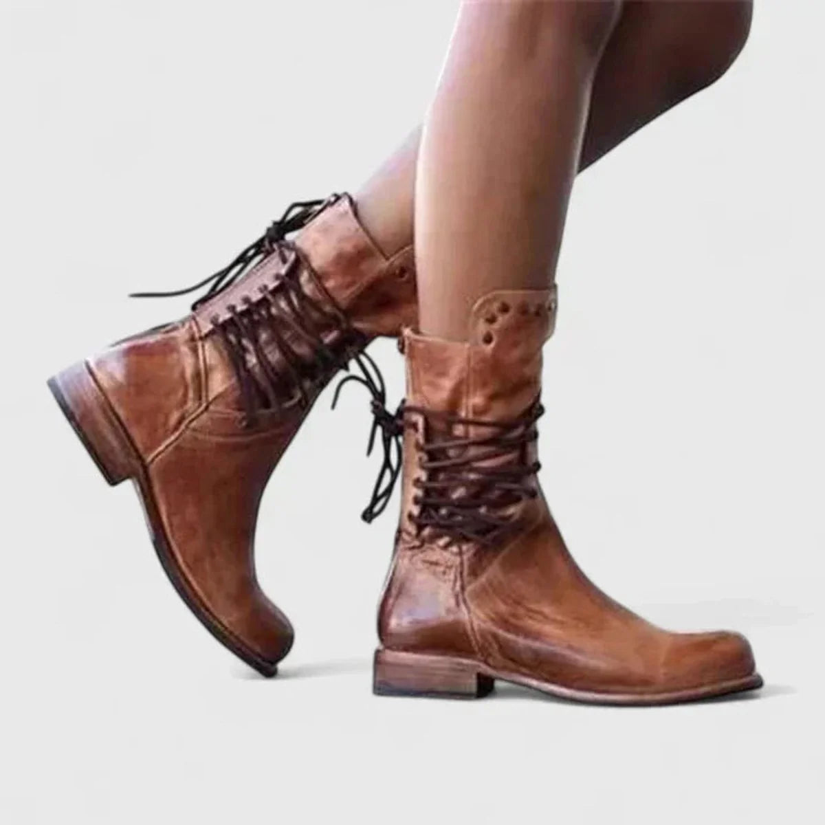 Nuana | Damen Schnürstiefel Vintage Leder-Optik Ankle Boots Nietendetail